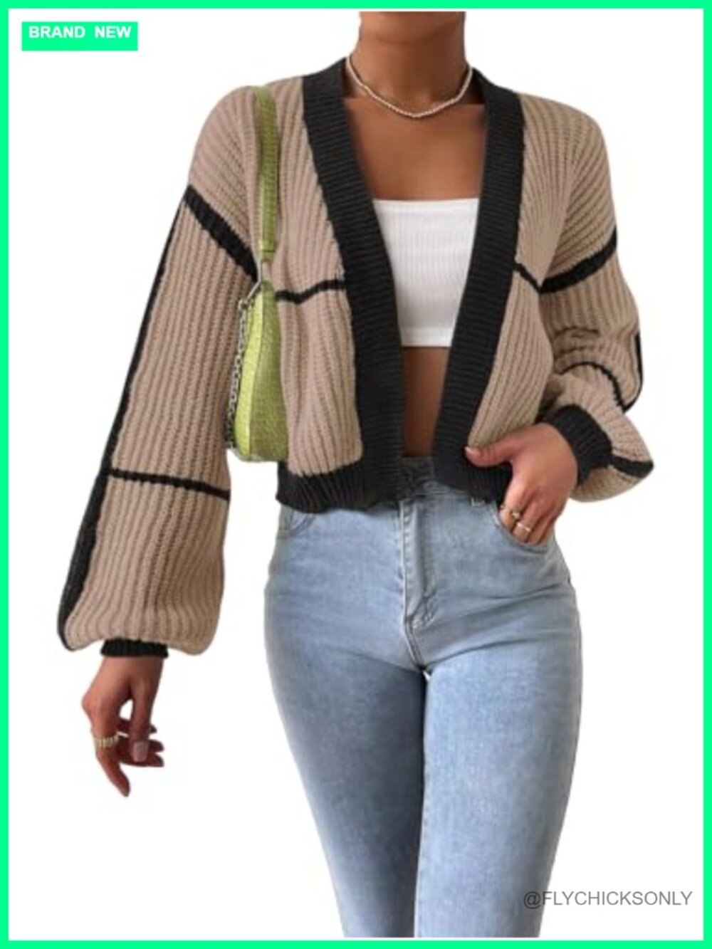 Cozy Color Block Crop Cardigan Bishop Long Sleeve Open Front Sweater